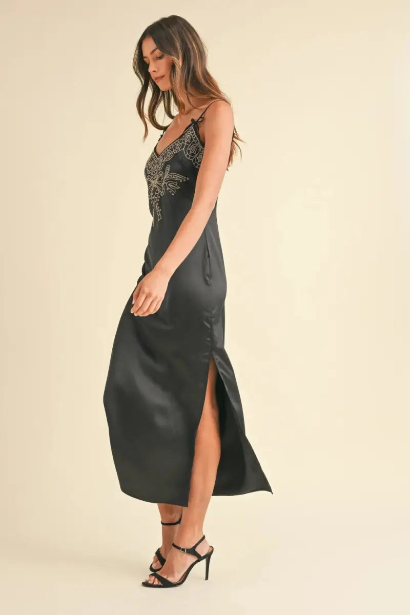 Mable Embroidered Cami Satin Midi Slit Dress for Elegance - Love Salve